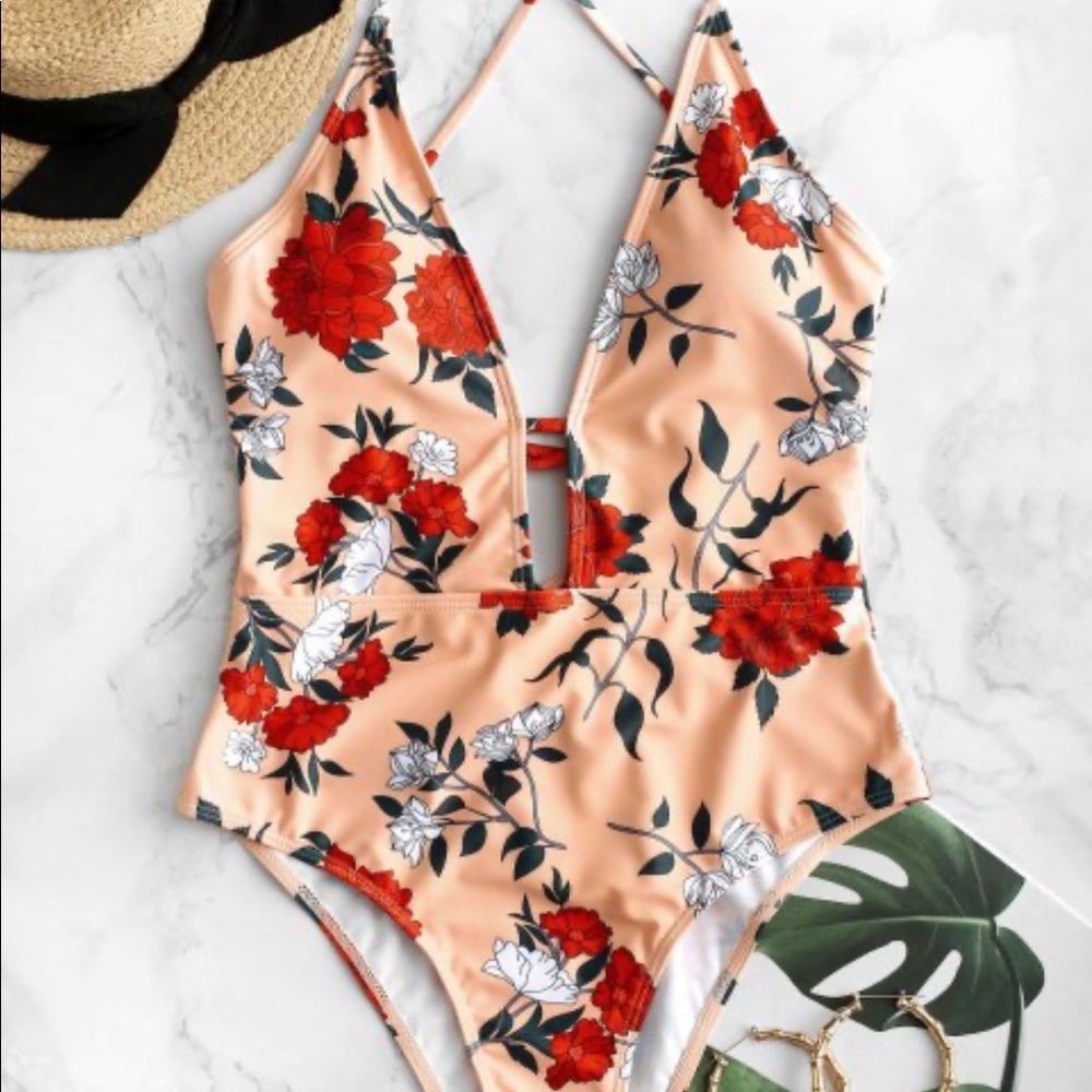 ZAFUL Lace Up Floral Print One-piece Swimsuit- XL